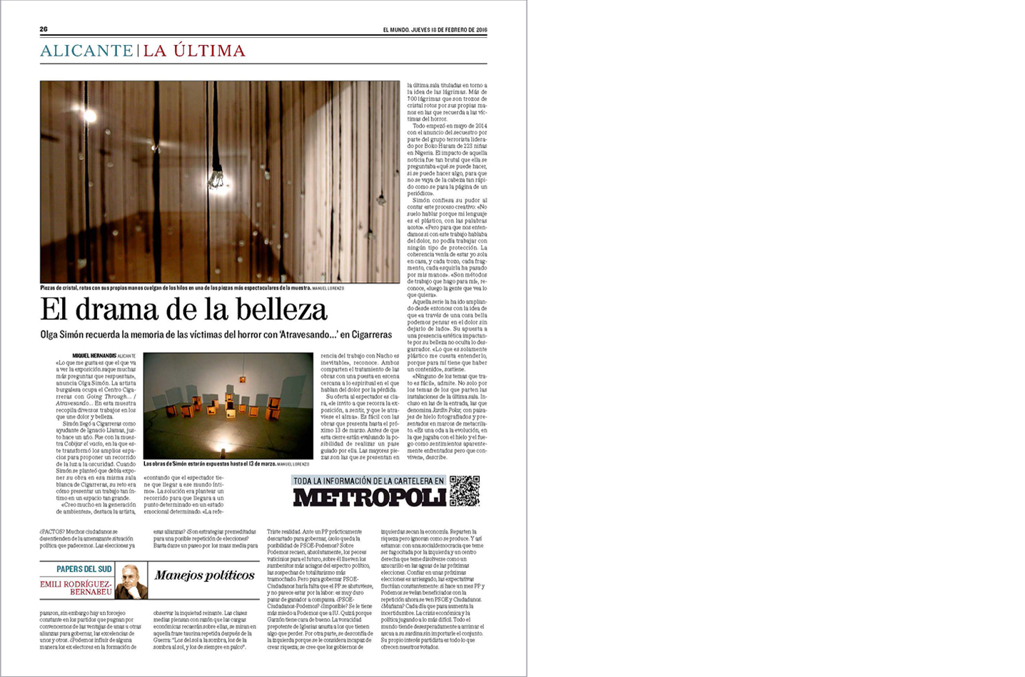 El Mundo, El drama de la belleza, Miquel Hernandis, Olga Simón, exhibition, exposición, going through, atravesando, Las Cigarreras, Alicante, 2016, Newapaper, Periódico, El Mundo Comunidad Valenciana, Instalación
